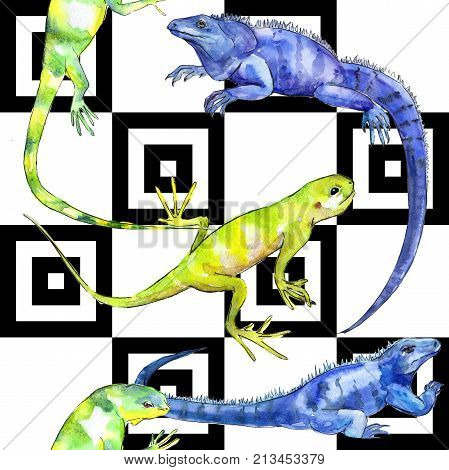 Exotic iguana pattern in a watercolor style. Full name of the reptilian: iguana. Aquarelle exotic reptilian for background, texture, wrapper pattern or tattoo.