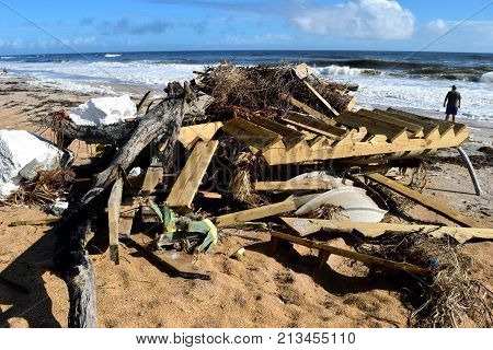 Debris on the beach after hurricane Irma hitting on the east coast of Florida on September 11, 2017