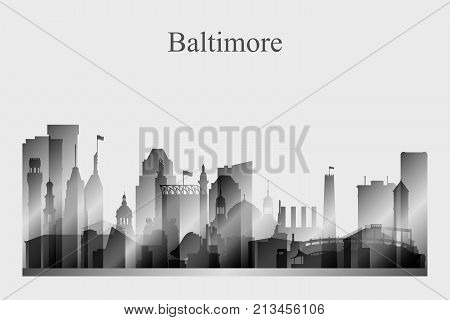 Baltimore city skyline silhouette in grayscale vector illustration