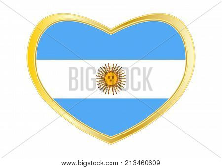 Flag of Argentina in heart shape isolated on white background. Golden frame. Vector. Argentinean national official flag. Argentine Republic patriotic symbol banner element
