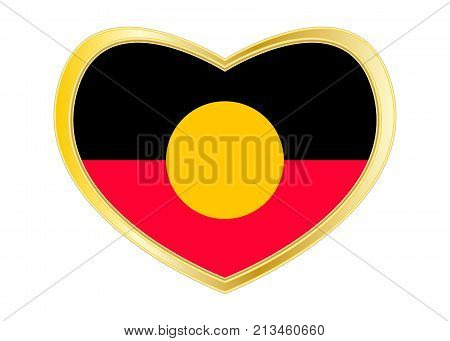 Australian Aboriginal flag in heart shape isolated on white background. Golden frame. Vector. Commonwealth of Australia patriotic symbol banner. Correct colors.
