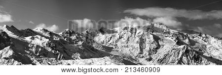 Black And White Panoramic View On Snowy Mountains