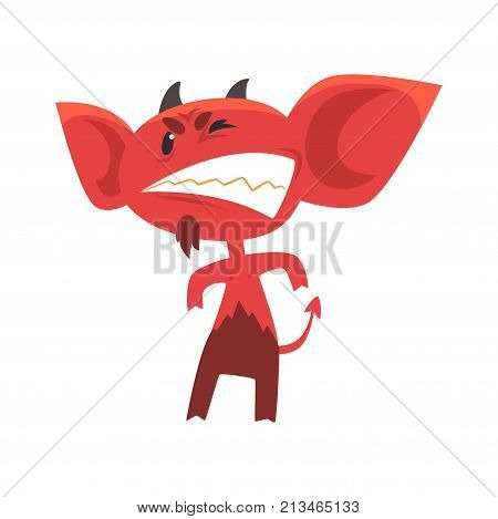 Angry devil standing in threatening pose and showing teeth. Red demon with big ears, horns and tail. Comic fictional monster from hell. Isolated flat vector. Design for emoji, sticker, card, kid print