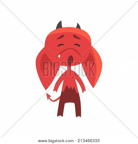 Little red devil with droopy ears showing very upset face expression. Cute fictional monster character. Flat design for network emoji, print, sticker, card or poster. Isolated vector illustration.