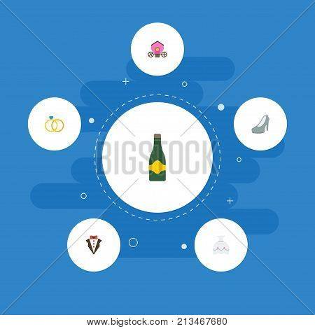 Flat Icons Bridegroom Dress, Fizz, Wedding Gown And Other Vector Elements