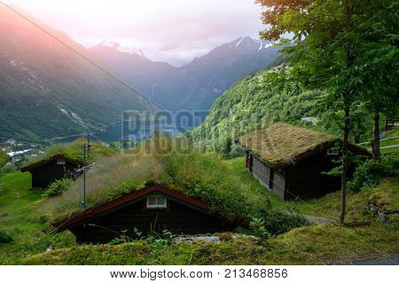 Breathtaking view of Sunnylvsfjorden fjord from high viewpoint on Geiranger village in western Norway