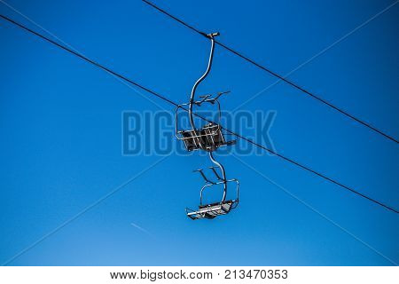 Mountain Cable Car, Ready For Winter Sports And Activities, In Beautiful Nature With Sunny Day Witho