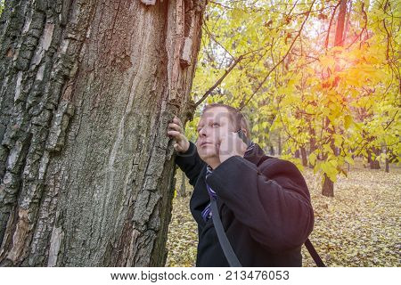 Handsome young man with a smartphone on the street talking in the park and looking up. Beautiful autumn and many yellow leaves. A man thought about talking on the phone near a tree