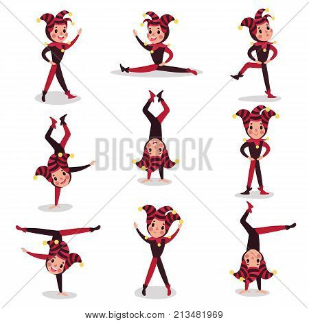 Set of joker cartoon character actions. Boy clown in black and red costume, cap and bells. Traditional jester or festival fool wear. Acrobatic performance. Flat vector illustration isolated on white.
