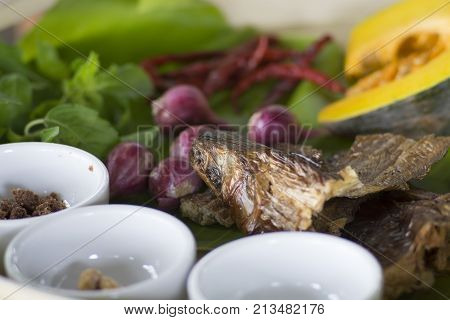 Slices Of Smoked Fish Mackerel And Ingredent Of Thai Food