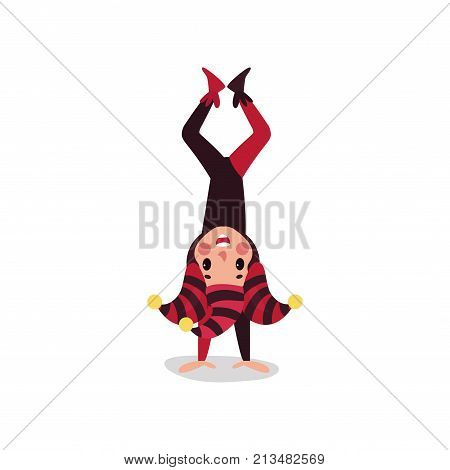 Cheerful joker flat character standing upside down. Boy jester in black and red costume, cap and bells. Traditional festival fool wear. Comedy artist, acrobatic performance. Vector isolated on white.
