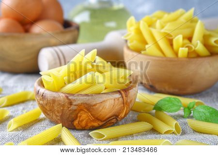 Penne Rigate. Macaroni In The Form Of Feathers. Mostaccioli Pasta.