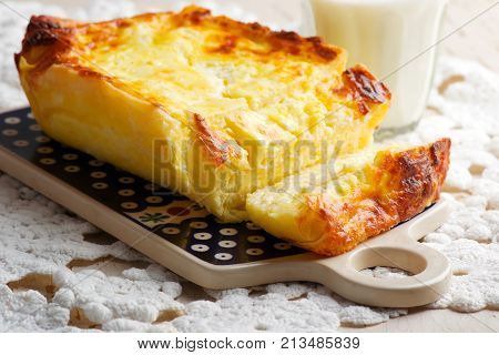 Cheese cake achma traditional Georgian pie . style rustic. selective focus