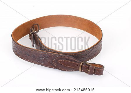 Armored Brown Leather Belt On White Isolated Background