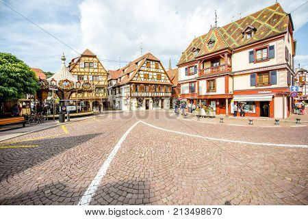 OBERNAI, FRANCE - July 26, 2017: Cityscape view on the old village with beautiful buildings in Obernai town in Alsace region, France