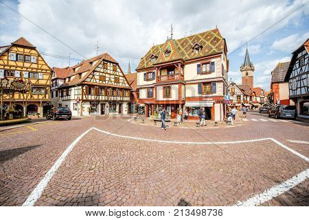 OBERNAI, FRANCE - July 26, 2017: Cityscape view on the old village with beautiful buildings in Obernai town in Alsace region, France