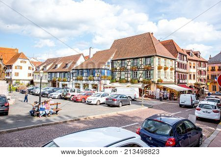 OBERNAI, FRANCE - July 26, 2017: Cityscape view on the old village with beautiful buildings in Obernai town in Alsace region, France