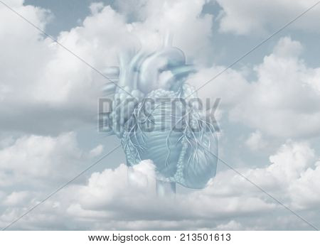 Clean heart and purity as a metaphor for faith honesty and integrity as a human organ in the sky with 3D illustration elements.