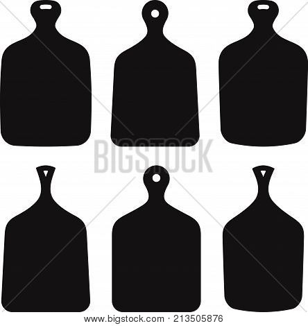 Set of six vector kitchen cutting boards silhouettes isolated on white background