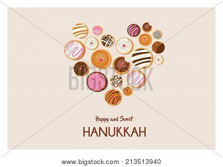 Hanukkah dougnut , Jewish holiday symbol. sweet traditional bake. vector illustration greeting card