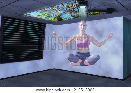 a hologram woman demonstrates yoga (3d rendering)