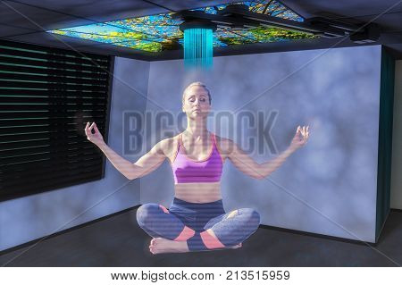 a hologram woman demonstrates yoga (3d rendering)