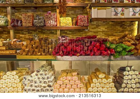 Traditional turkish sweets rahat lokum and churchchel. Kemer Turkey.