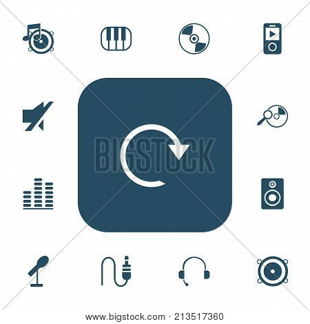 Set Of 13 Editable Music Icons. Includes Symbols Such As Equalizer, Refresh, Piano And More