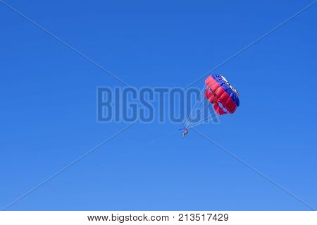 Parasilior in a blue sky. The active and extreme form of relaxation.