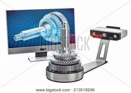 3d scanner scanning of object with computer monitor 3D rendering isolated on white background