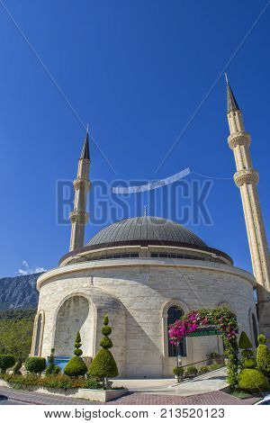KEMER TURKEY - OCT 5 2017: Mosque Kemer Cami in the center of Kemer town.