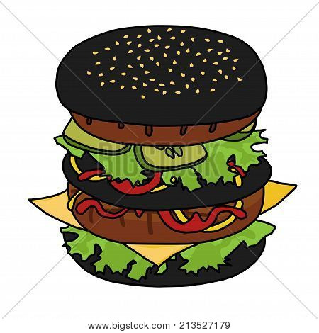Vector illustration of  Japanese black burger. Hand drawn colored black hamburger icon.