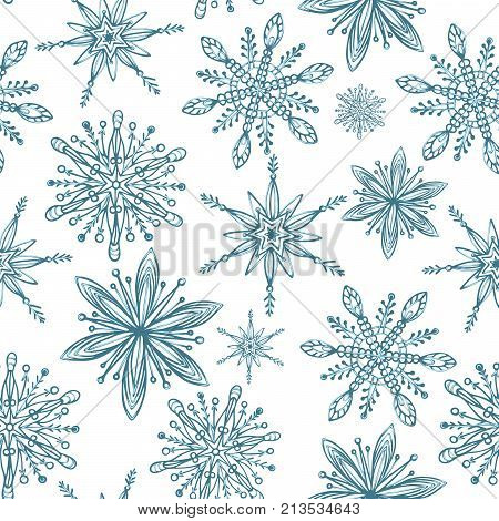 Winter seamless pattern. Hand drawn creative snowflakes. Snowfall. Artistic background with decorative snow. It can be used for wallpaper textiles wrapping card cover. Vector illustration eps10