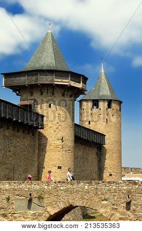Carcassonne, Languedoc-roussillon, France - August 24 2017: The Chateau Comtal In The Medieval Frenc