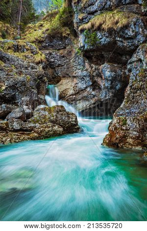 Cascade of Kuhfluchtwasserfall. Long exposure for motion blur. Farchant, Garmisch-Partenkirchen, Bavaria, Germany