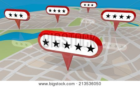 Five Star Review Recommendation Map Store Restaurant Locations 3d Illustration