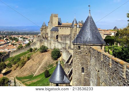 Carcassonne, Languedoc-roussillon, France - August 24 2017: The Medieval French Fortified City Of Ca