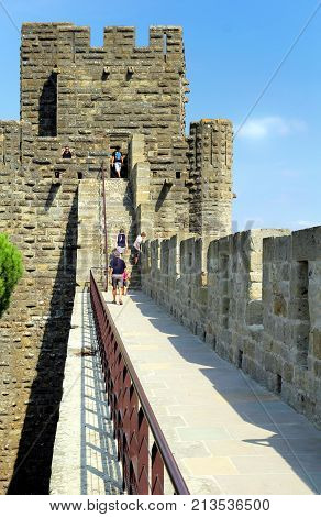 Carcassonne, Languedoc-roussillon, France - August 24 2017: Visitors On The Battlements Tour At The