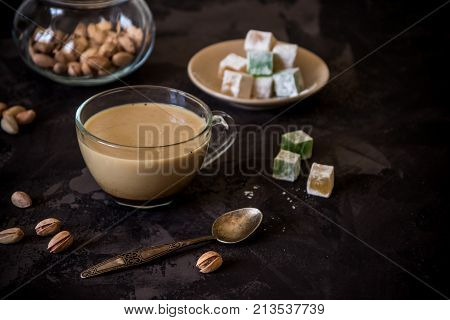 Coffee With Milk, Pistachios And Turkish Delight, Copy Space