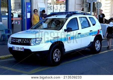 Sete, Herault, France  - Aug 21 2017: Dacia Duster Car In The Livery Of The French City Police 