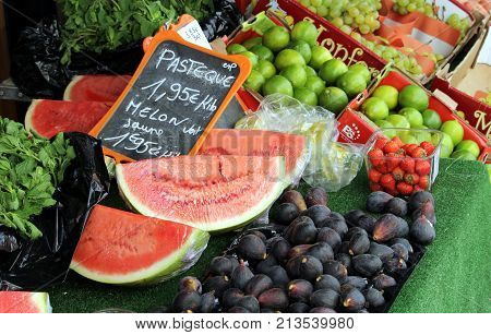 Sete, Herault, France  - Aug 21 2017: Water Melon (french 