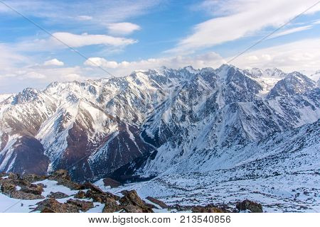 Wonderful mountain landscape in Kyrgyzstan (snow highland peak)