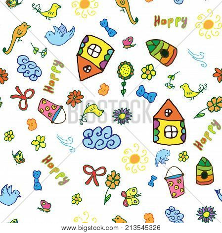 Seamless vector pattern with cute childish hand drawn house, sun, cloud, flowers, birds. Colorful endless doodle background with line drawing sketch elements
