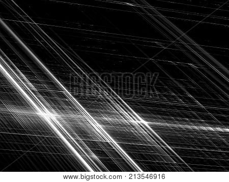 Crayscale striped technology or sci-fi background - abstract computer-generated image. Fractal art: diagonal glowind in dark chaos stripes. Backdrop for covers, web design, banners.