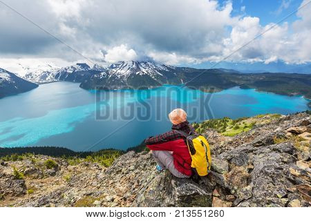 Hike to turquoise waters of picturesque Garibaldi Lake near Whistler, BC, Canada. Very popular hike destination in British Columbia.