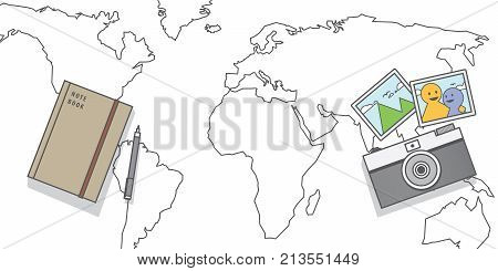 Memories With Camera & Note Book On World Map Backgroundillustration Vector . Travel Concept.