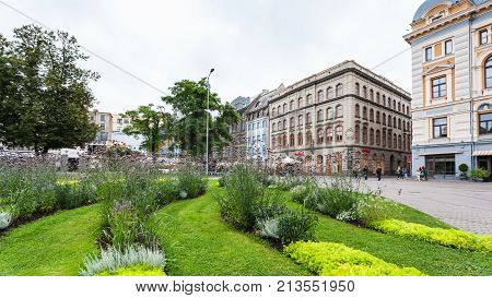 Green Lawn In Old Riga Town In Autumn