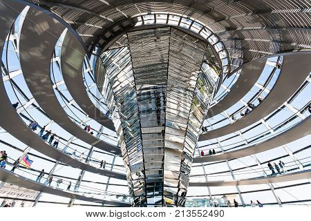 Bottom View Of Reichstag Dome In Berlin City