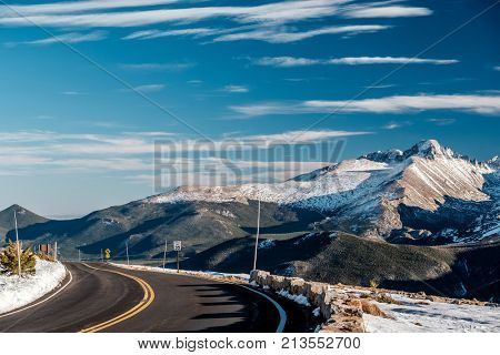 Trail Ridge Road, the highest (12,183 feet) continuous highway in the USA in high alpine tundra with rocks and mountains at autumn. Rocky Mountain National Park in Colorado, USA. 