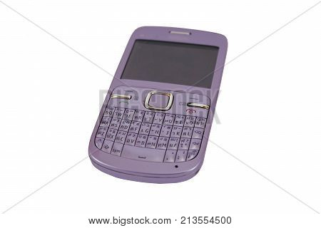 Violet old cell phone isolate on white background